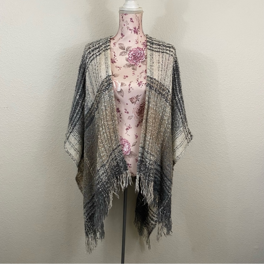 SAKS Fifth Ave OS Plaid Neutral Fringe Poncho